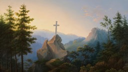 Das Beitragsbild des WDR 3 Kulturfeature" Der Brocken ist ein Deutscher" zeigt den Ilsenstein auf einem Gemälde von Hermann Josef Neefe.