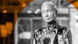 Das Beitragsbild des ARD Radiofeature "Künstliche Nähe" zeigt den humanoiden Roboter "Ameca" im Heinz Nixdorf MuseumsForum.