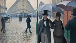 Gemälde eines Paars, dass sich einen Regenschirm teilt und die Straße herunterläuft (Gustave Caillebotte 1877).