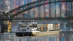 Das Beitragsbild des Dok5 Feature "Binnenschifffahrt in NRW - Bald auf dem Trockenen? zeigt ein Containerschiff unter der Hohenzollernbrücke auf dem Rhein in Köln und bunte Container, die im Hintergrund zu erkennen sind. Bildcollage. 