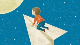 Illustration: Ein Junge flieg tauf einem Papierflugzeug Richtung Mond.
