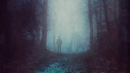 Umriss von einem Mann in einem dunklen Wald.