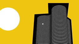 Illustration: Hochhaus und Sonne vor gelbem Hintergrund.