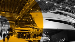 Das Beitragsbild des ARD Radiofeature "Überreichtum – Wie Vermögensungleichheit Demokratie angreift" zeigt Yachten auf der Messe "Boot" 2026 in Düsseldorf.