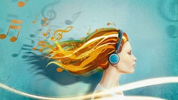 Illustration: Eine Frau hört mit Kopfhörern Musik, daraus fliegen Noten.