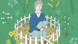 Illustration: Mann isoliert in einem kargen Garten, umgeben von hübschen Blumen.