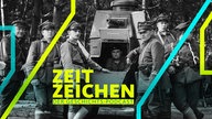 Inszenierung der Schlacht um Warschau: Männer in polnischer Uniform mit Panzerfahrzeug (Aufnahme von 2020)