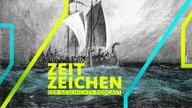 Ein Wikinger-Schiff auf dem Meer. Colorierter Holzschnitt, 19. Jahrhundert