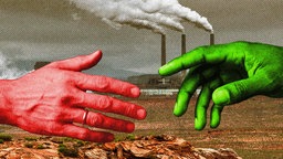 Zwei übergroße Hände - eine rot, eine grün - strecken sich einander entgegen vor einer kargen Landschaft. Im Hintergrund stehen Fabrikschornsteine, die dichten Rauch ausstoßen. 