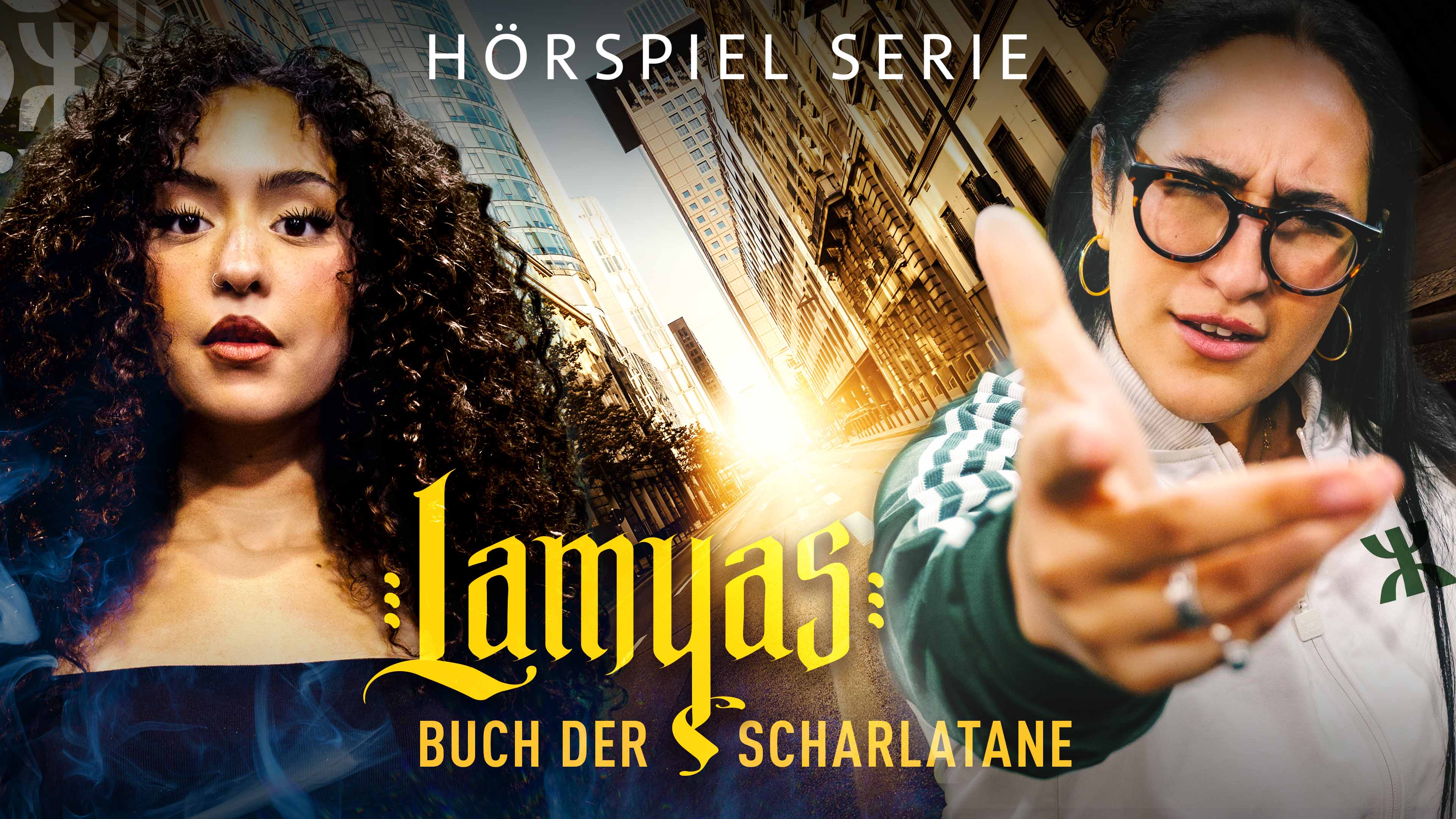 Lamya hat dunkle Locken, davor der Schriftzug "Lamyas Buch der Scharlatane".