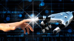 3D Illustration Künstliche Intelligenz. Zeigefinger von Roboterhand und menschlicher Hand berühren sich vor blauem Daten-Hintergrund