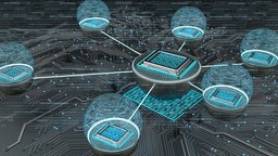 Das Beitragsbild zeigt eine 3D-Illustration von Mikrochips, die durch einen Schaltkreis miteinander verbunden sind