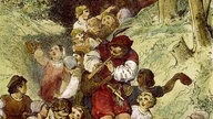 Literatur: Märchen / Der Rattenfänger von Hameln. Kolorierter Kupferstich von A.Zick, 1872. Aus: Clemens Brentano, Des Knaben Wunderhorn, 1873.