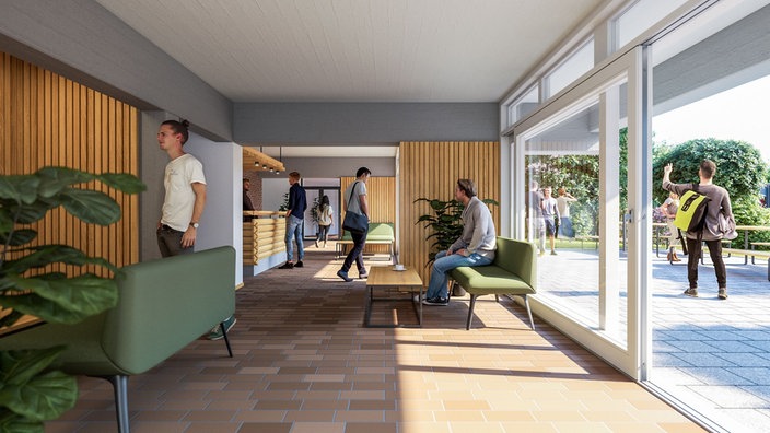 Lounge in neuen Studentenwohnheim mit Blick in den Garten