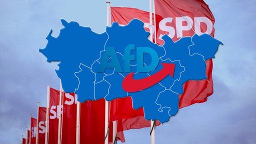 Montage: blaue Karte des Ruhrgebiets mit AfD-Logo vor SPD-Fahnen