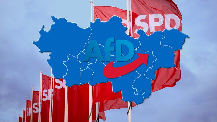 Montage: blaue Karte des Ruhrgebiets mit AfD-Logo vor SPD-Fahnen