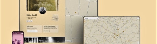 Bilschirme verschiedener Größe mit der Anwendung "Stolpersteine NRW"