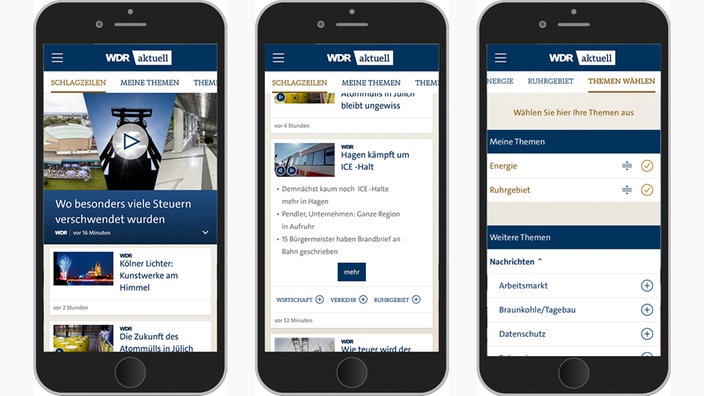 Drei Smartphones mit verschiedenen Ansichten der WDR aktuell App
