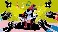 Illustration zur Sendung WDR 3 Konzert: Ein bunter Flügel steht auf einer Bühne, dazu applaudierende Hände.