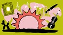 Illustration zu WDR 3 Mosaik: Dargestellt werden eine aufgehende Sonne, ein Pinsel, Noten, eine Geige und ein Bilderrahmen.