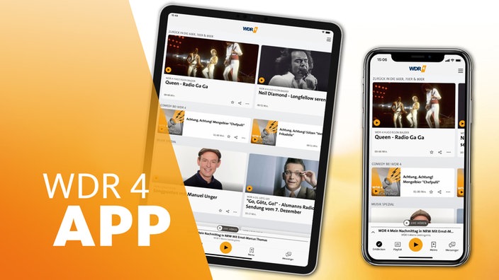 Screenshots der WDR 4 App auf einem Smartphone und einem Tablet