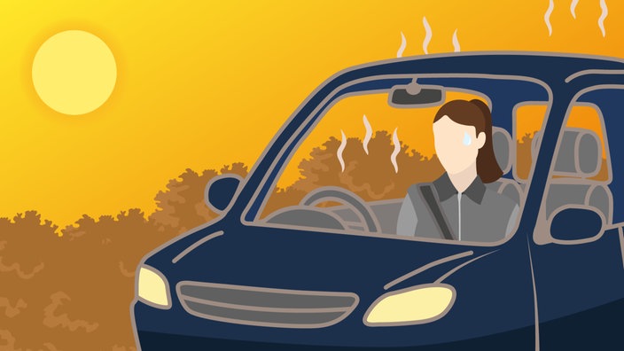 Eine Frau sitzt bei Hitze im Auto