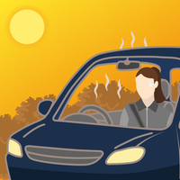Eine Frau sitzt bei Hitze im Auto