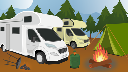 Grafik mit zwei Campern, einem Lagerfeuer, einem Zelt, einem umgefallenen Grill und einer Gasflasche