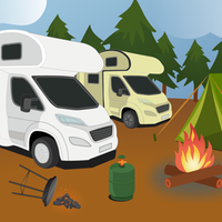 Grafik mit zwei Campern, einem Lagerfeuer, einem Zelt, einem umgefallenen Grill und einer Gasflasche