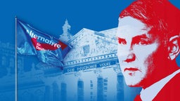 Björn Höcke neben einer "Alternative für Deutschland"-Flagge und dem Reichstagsgebäude