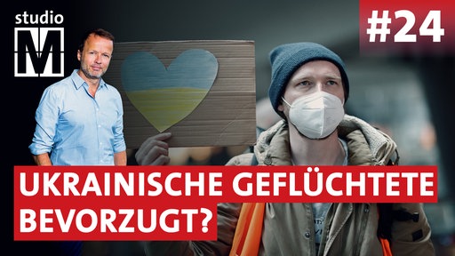 Text: "Ukrainische Geflüchtete bevorzugt?", daneben Foto von Georg Restle und Foto eines Mannes, der Herz in Ukraine-Farben hochhält