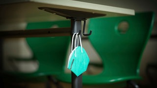 Eine FFP2 Maske hängt an einen Tisch in einem Klassenzimmer, dahinter leere Stühle. 