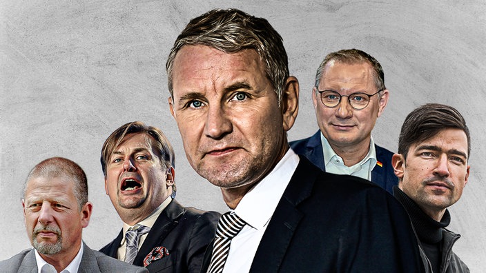 Das Bild zeigt eine Kollage mit verschiedenen Personen wie Björn Höcke und Martin Sellner.