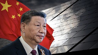 Illustration des chinesischen Präsidenten Xi Jinping vor einer chinesischen Flagge und Solarmodulen
