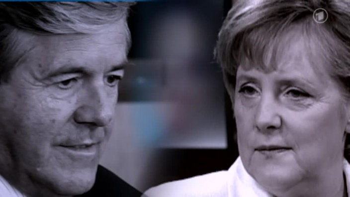 Kollage: Angela Merkel im Portrait schaut zu ihrem Verhandlungspartner