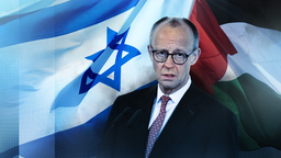 Bundeskanzler Friedrich Merz vor der israelischen und palästinensische Flagge