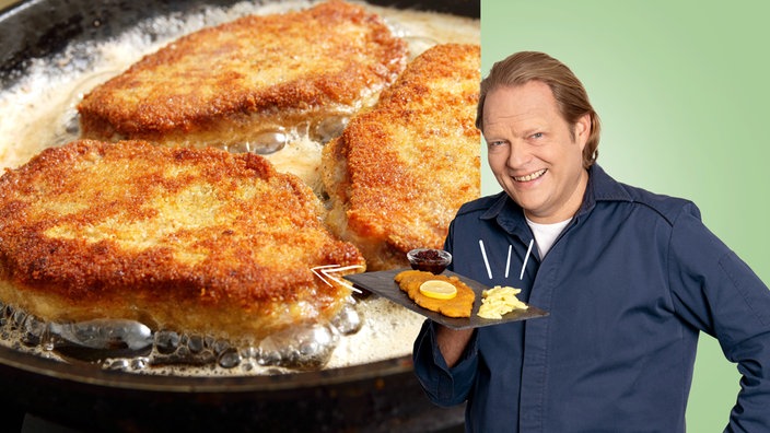 Björn Freitag, im Hintergrund Schnitzel in der Pfanne
