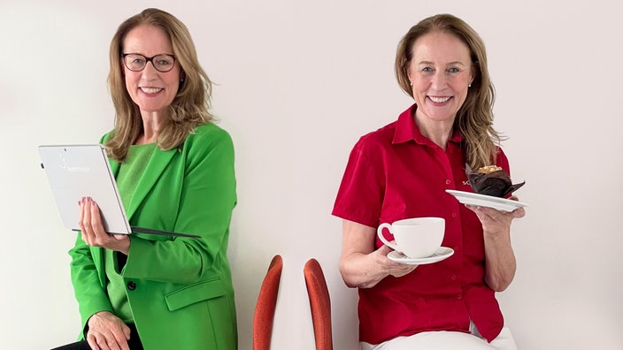 Doppelbild mit Heike, links als Managerin mit Laptop, rechts in legerer Kleidung mit Kaffeetasse und Kuchenteller.