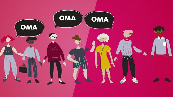 : Illustration mit mehreren stilisierten Figuren unterschiedlichen Alters vor farbigem Hintergrund. Über einigen Figuren stehen Sprechblasen mit dem Wort „Oma“.