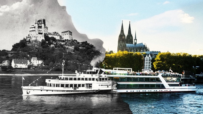 Collage mit dem Raddampfer Goethe vor dem Siebengebirge und einem modernen Ausflugsschiff vor dem Kölner Dom (Foto nachcoloriert mit KI)