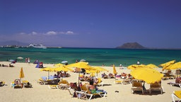 Auf dem Bild sind Strandliegen an der Küste in Kanaria zu sehen.