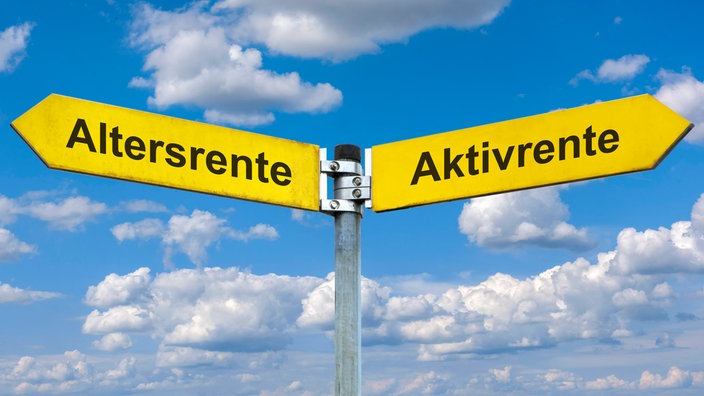 Zwei Wegweiser sind beschriftet mit Aktivrente und Altersrente.