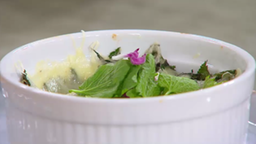 Giersch-Brennnessel-Törtchen auf Tomatenbett mit Käsehäubchen
