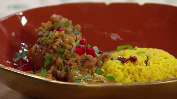 Hühnchen mit Walnusssoße, Safranreis und Berberitze