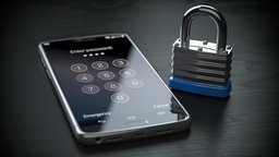 Ein Smartphone liegt neben einem Schloss.