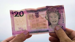 20-Pfund-Schein mit dem Bild der Queen und einem Kuhkopf als Wasserzeichen
