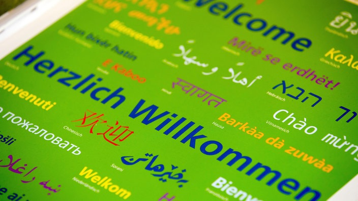 Auf dem Bild steht willkommen in verschiedenen Sprachen.