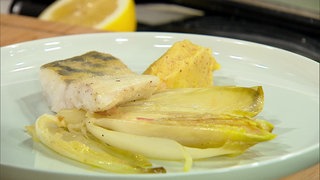 Gebratener Zander auf gedünstetem Chicorée, dazu Kartoffelstampf