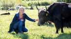 Andrea Meßmer mit einem Yak auf der Weide. 