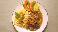Boeuf Cidre vom Galloway Rind , Spätzle und Gemüse